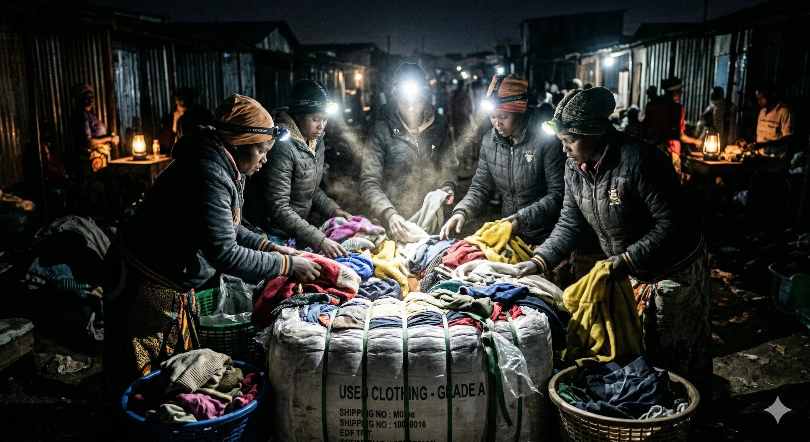 Traders sort through mitumba bales in the early morning hours. The best items disappear within minutes of a bale being opened.